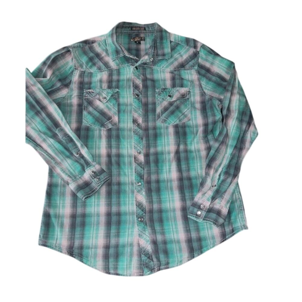 UEC HELIX GREEN BLACK WHITE PLAID PEARL SNAP LONG SLEEVE SHIRT SZ L
